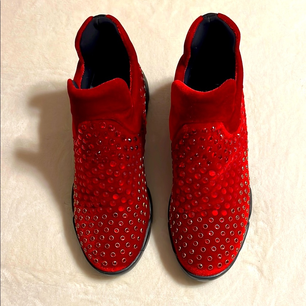 PINKO. Red Rhinestone and Studded High-Top Sneakers. NWOT. Size 39/8 Italy